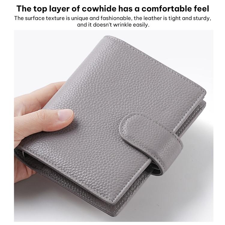Light gray leather-look passport holder with flap and textured grain finish