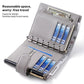 Light gray passport holder notebook open with card slots and pen holder section