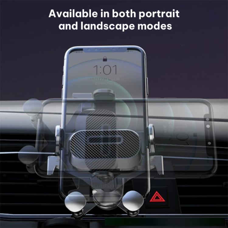 Retractable car phone holder with phone in portrait orientation on dashboard vent mount