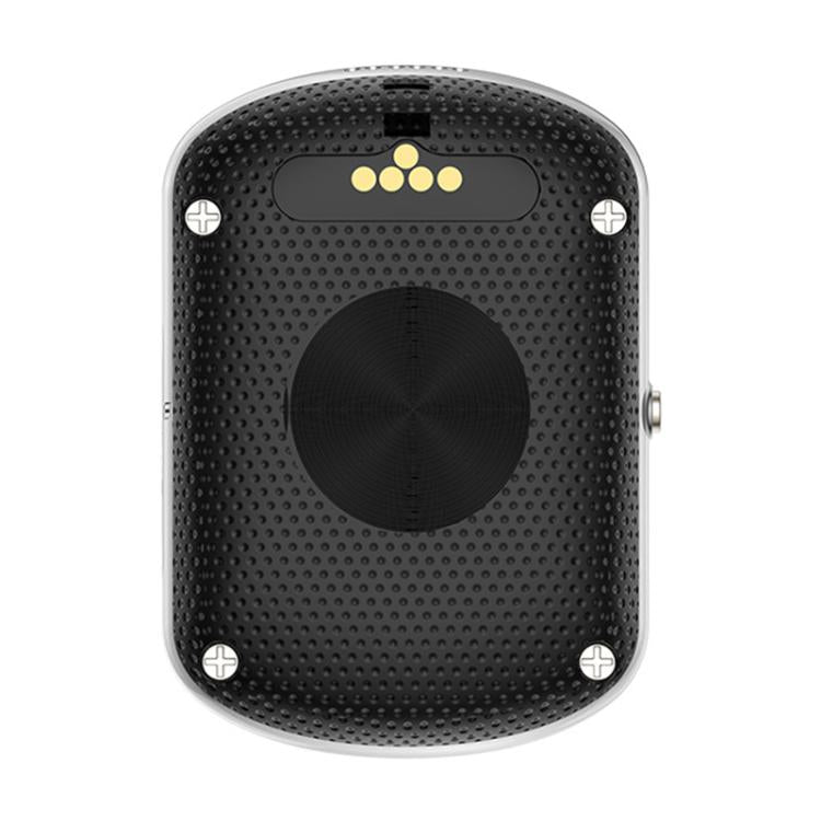 Back view of black 4G GPS tracker with screw corners and charging contacts