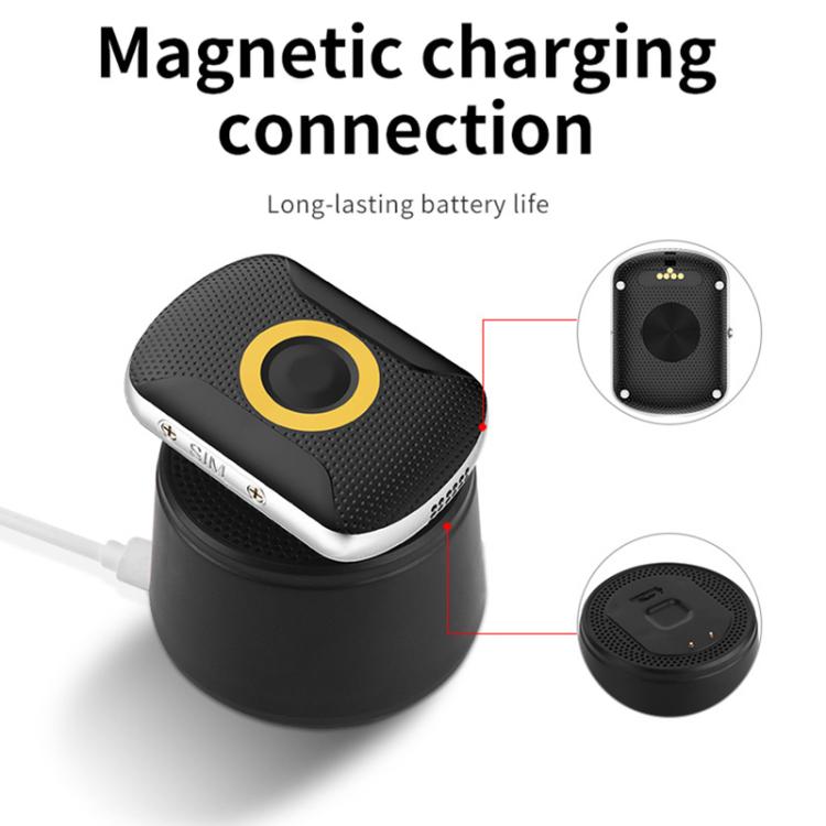Black GPS tracker with yellow ring, magnetic charging base and charging cable