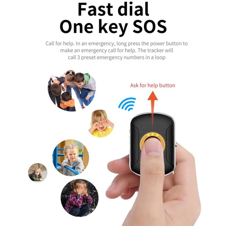 Black GPS location tracker with yellow circular button, finger pressing front