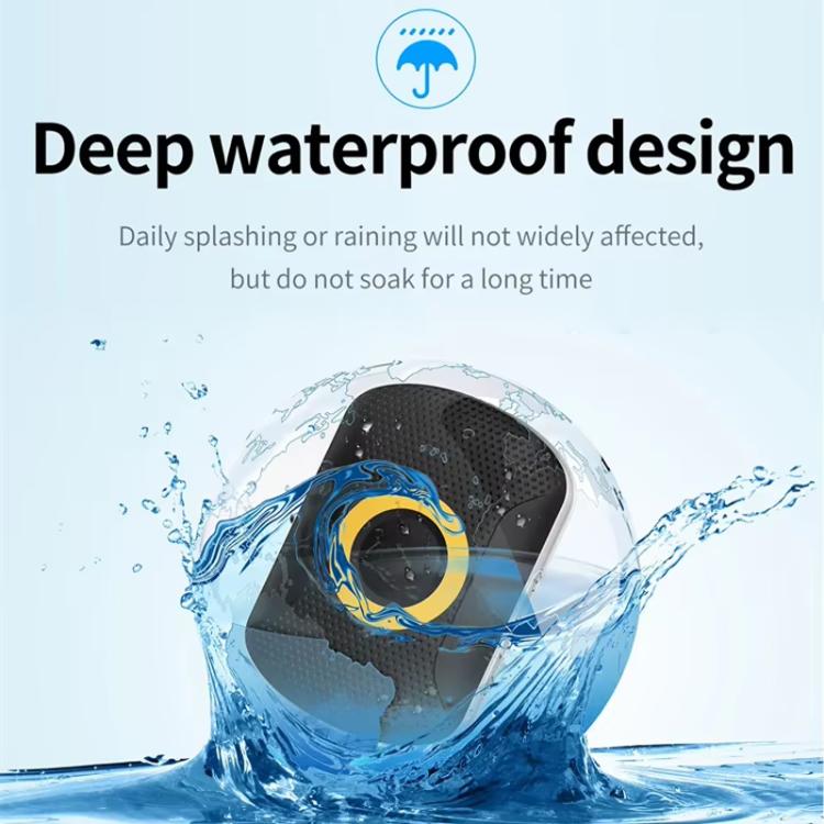 Black waterproof GPS tracker with yellow-ring button shown in water splash