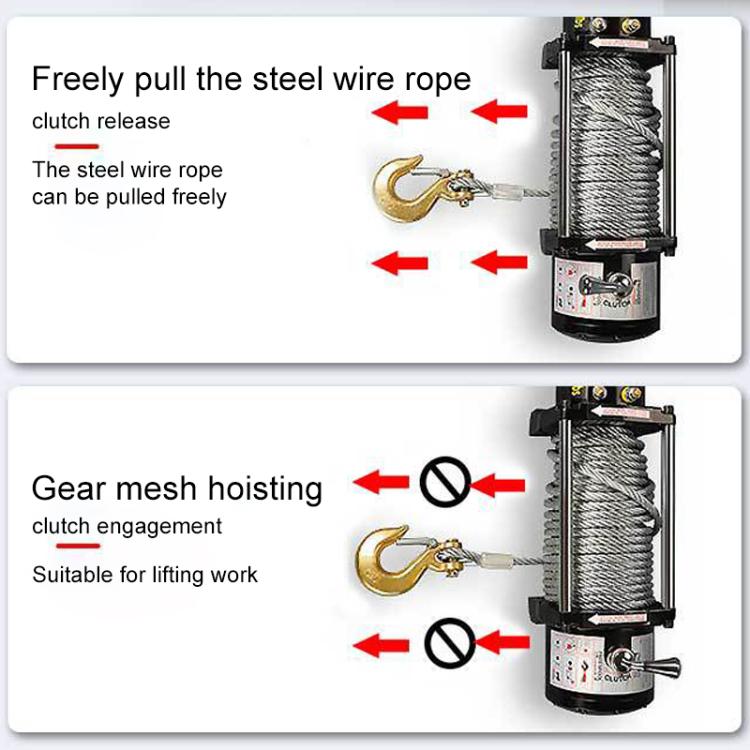 Electric winch drum with steel wire rope and clutch release mechanism