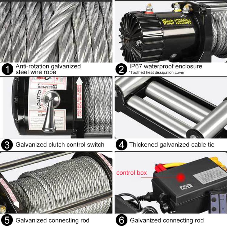 Electric winch with galvanized steel cable, control box, and connecting rod