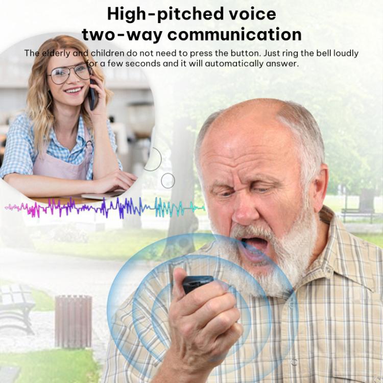 Two-way voice communication promo showing an elderly person calling on a smartphone