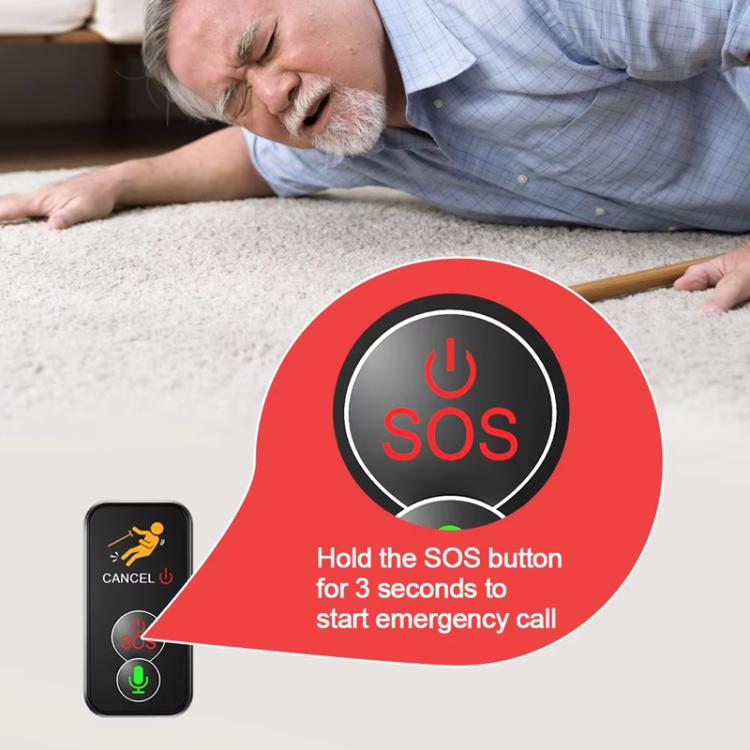 Elderly person with SOS emergency call graphic and small GPS tracker icon