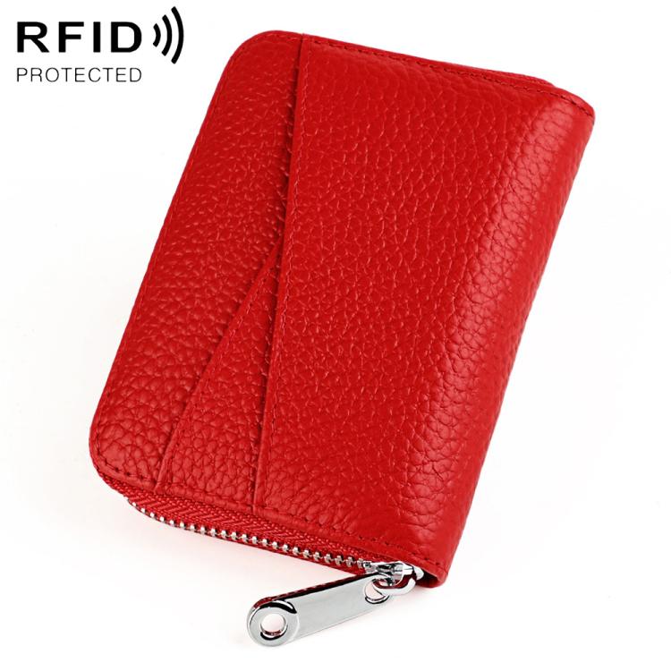 Red genuine leather zipper coin card bag with silver zipper pull