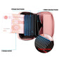 Pink leather coin card bag open view, card slots and multi-function pocket