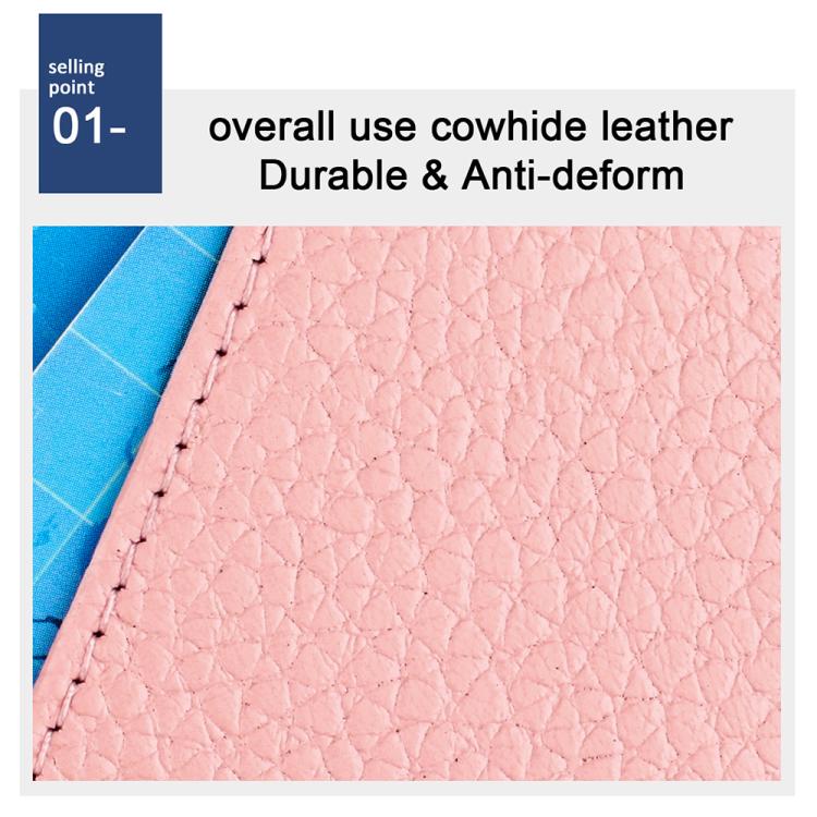 Pink leather coin card bag close-up, pebbled texture and stitched seam