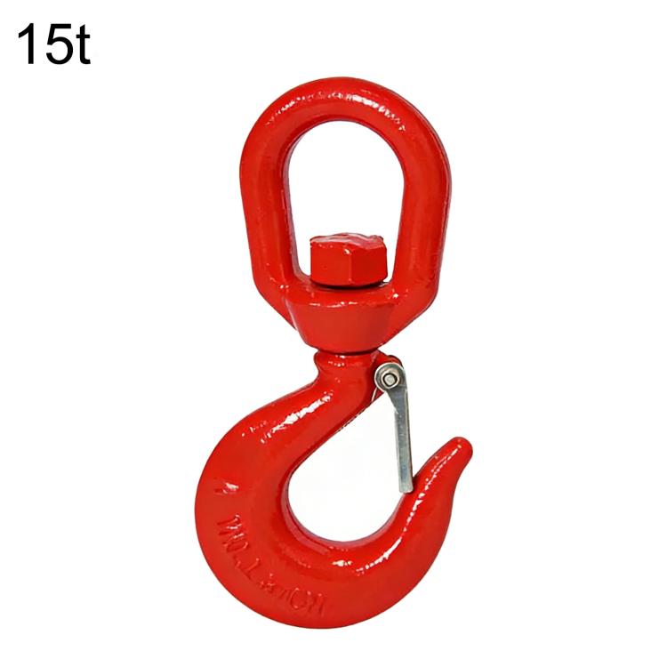 Red alloy lifting hook with safety latch pin, 15 ton capacity