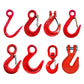 Assorted red alloy lifting hooks with safety latches