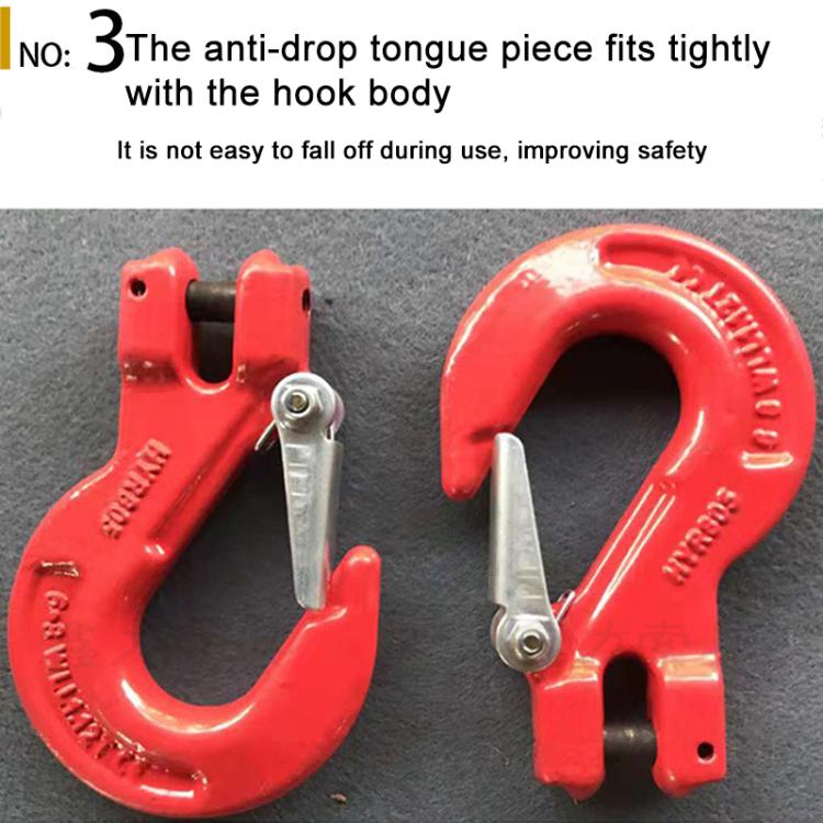 Red lifting sling hook with safety latch and large circular opening