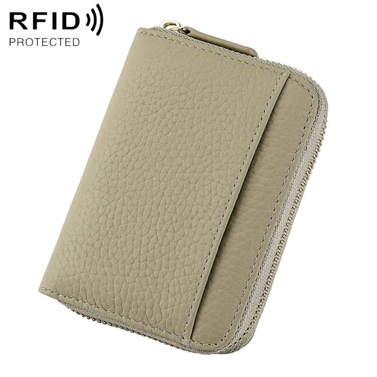 Khaki ultra-thin RFID anti-theft card bag with zip closure and key ring loop