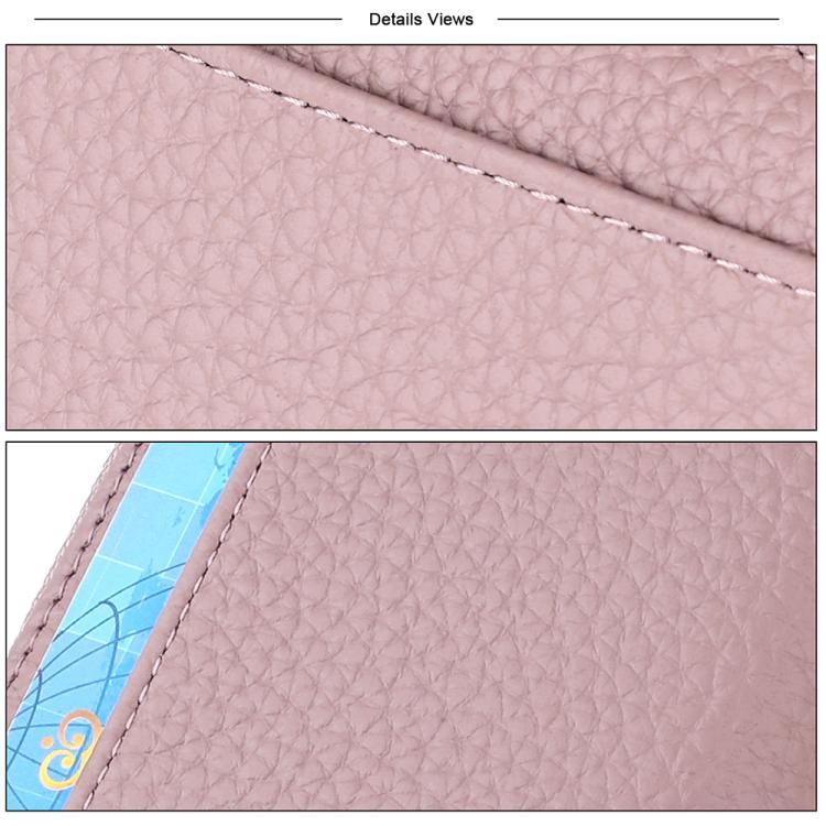 Light pink RFID anti-theft card bag close-up of textured leather and stitching