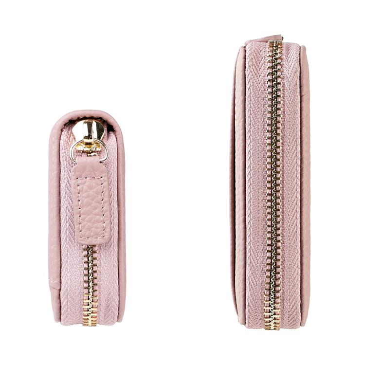 Light pink RFID anti-theft card bag side view with zip track and strap loop