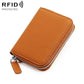 Orange genuine leather RFID zip coin purse with metal zipper and wrist strap