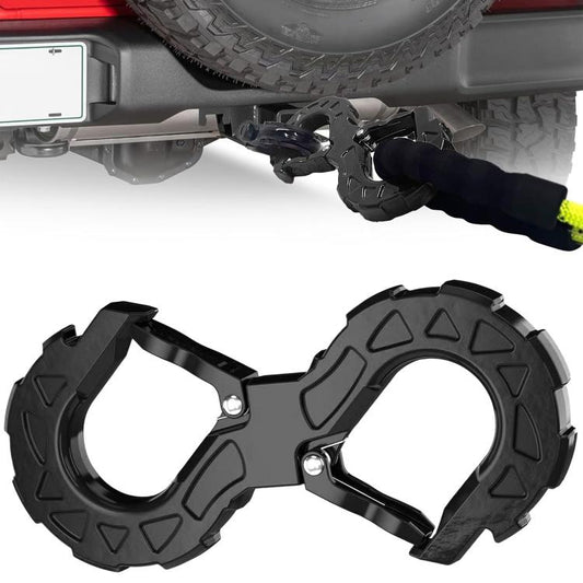 Black S-shaped trailer tow hook with metal locking pin and rugged grip guards