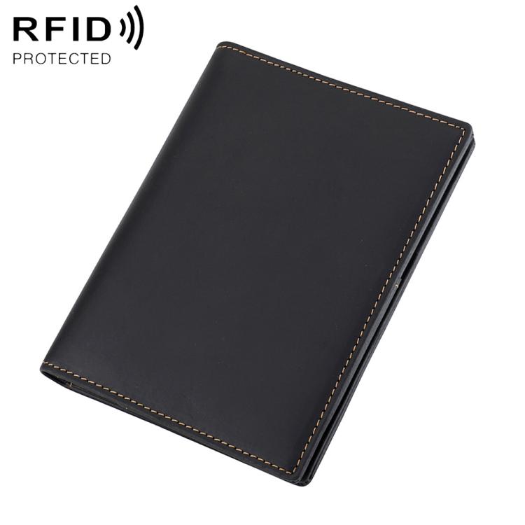 Black leather RFID card ID wallet with contrast edge stitching and slim fold design.