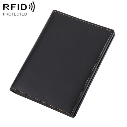 Black leather RFID card ID wallet with contrast edge stitching and slim fold design.
