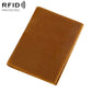 Brown leather RFID card ID wallet with contrast edge stitching and slim fold design.