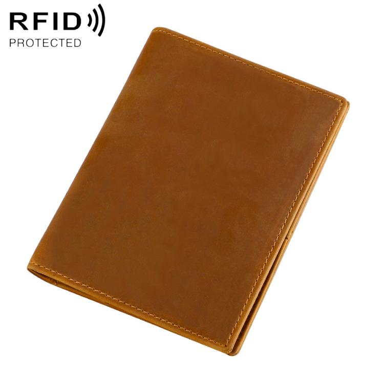 Brown leather RFID card ID wallet with contrast edge stitching and slim fold design.