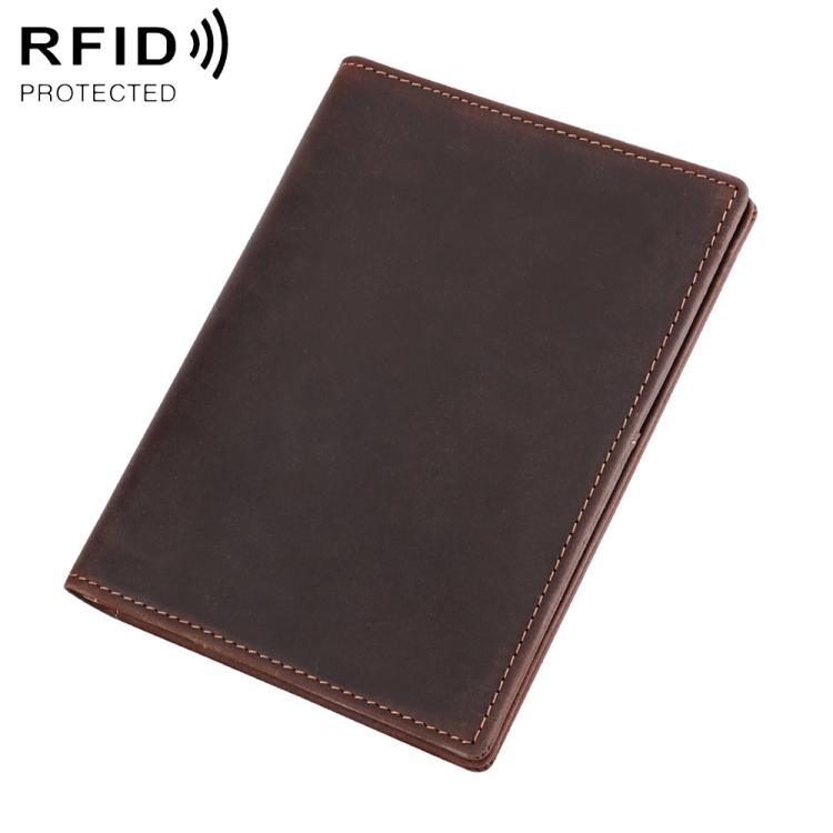 Dark brown leather RFID card ID wallet with contrast edge stitching and slim fold design.