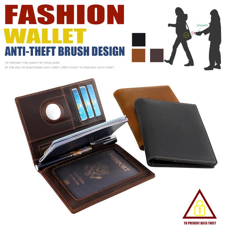 Brown leather RFID ID wallet, open view with card slots and zipper compartment.