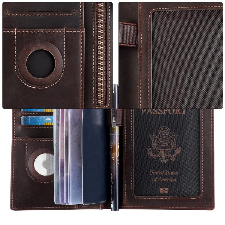 Brown leather RFID wallet interior close-up with card slots and passport-size pocket.