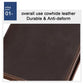Brown leather RFID wallet close-up with smooth grain and contrast corner stitching.