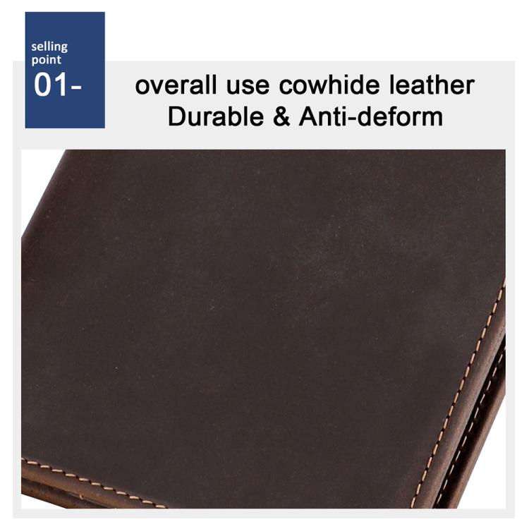 Brown leather RFID wallet close-up with smooth grain and contrast corner stitching.