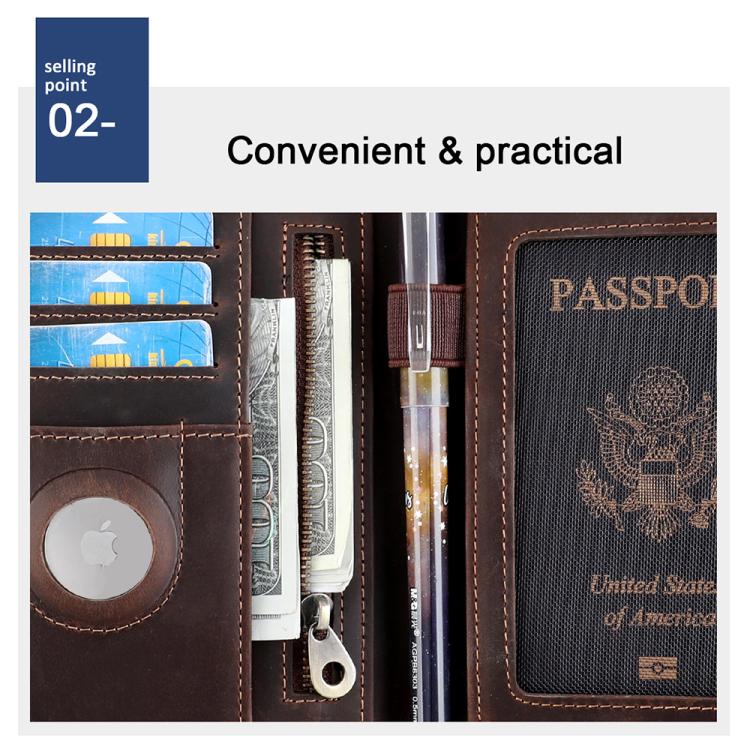 Brown leather RFID wallet interior with card slots and passport pocket with textured lining.