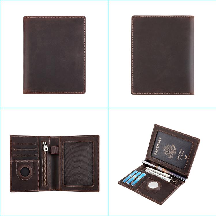 Brown leather RFID wallet, showing front, back, and open card-slot interior views.