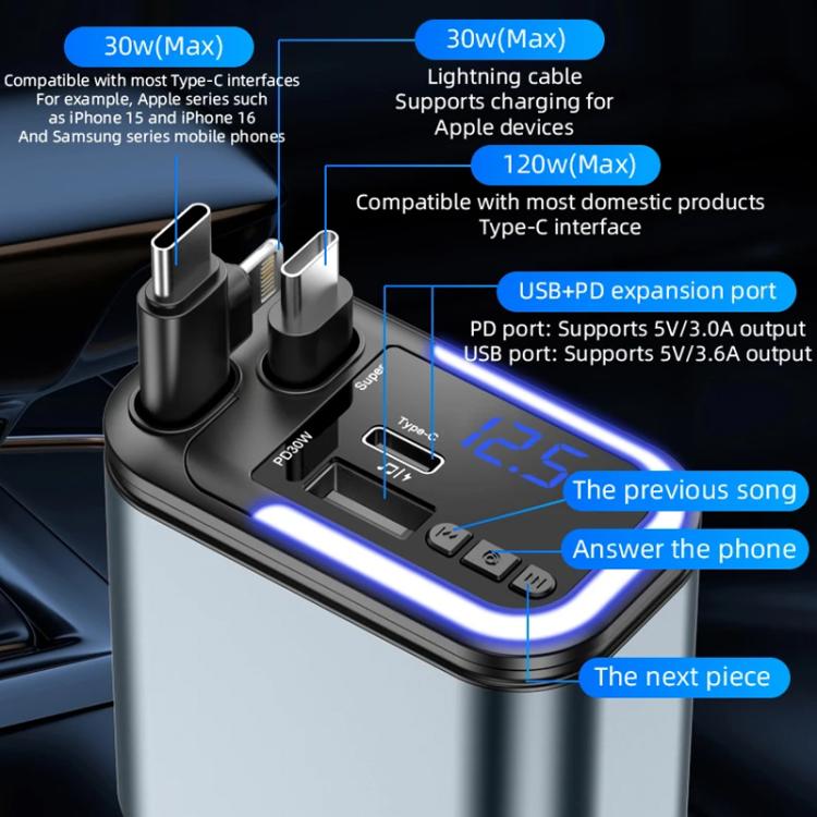 F9 Car MP3 Bluetooth Player Fast Charger with Retractable Cable, F9 with Retractable Cable
