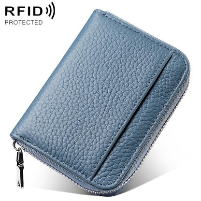 Mini RFID leather zipper card bag, blue-gray pebbled finish, front card divider.