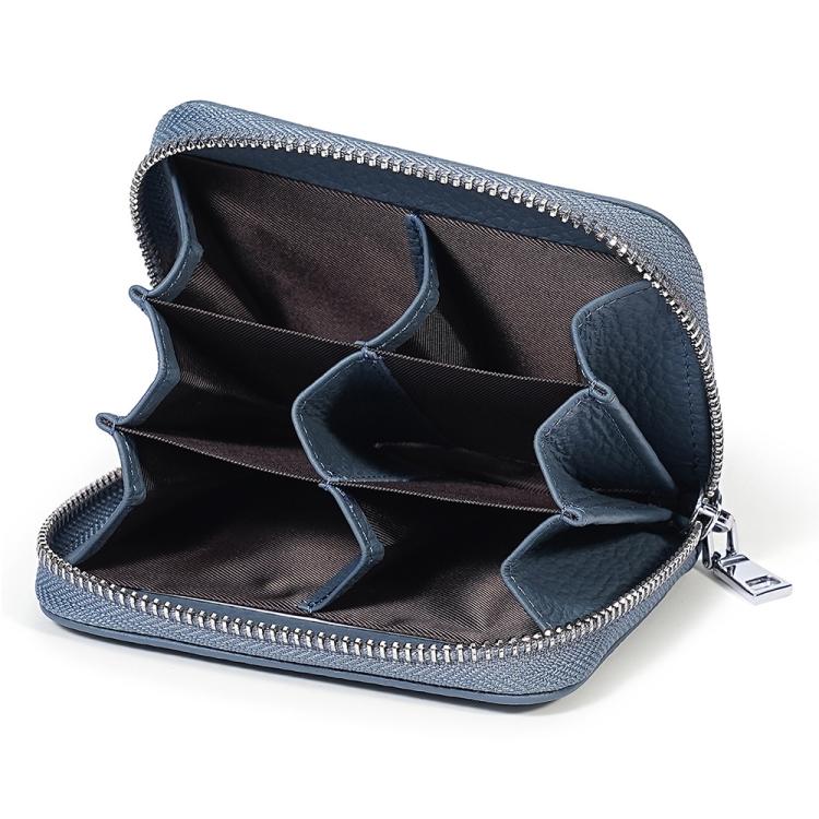 Mini RFID leather zipper card bag, open interior with multiple card slots, blue-gray.