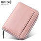 Mini RFID leather zipper card bag, pink pebbled finish, front card divider.