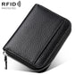 Mini RFID leather zipper card bag, black pebbled finish, front card divider.