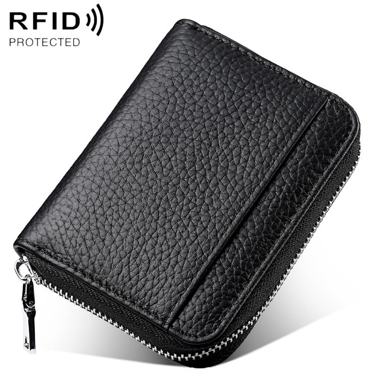 Mini RFID leather zipper card bag, black pebbled finish, front card divider.