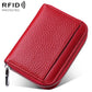 Mini RFID leather zipper card bag, red pebbled finish, front card divider.