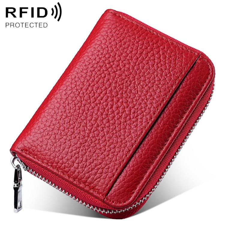 Mini RFID leather zipper card bag, red pebbled finish, front card divider.
