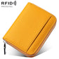 Mini RFID leather zipper card bag, yellow pebbled finish, front card divider.