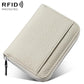 Mini RFID leather zipper card bag, light beige pebbled finish, front card divider.