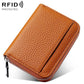 Mini RFID leather zipper card bag, orange pebbled finish, front card divider.