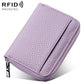 Lavender genuine leather zip card bag with textured finish and metal zipper pull