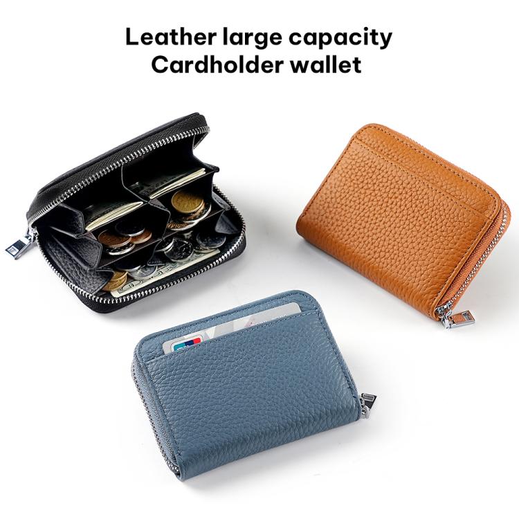 Genuine leather zip card bag wallet shown in black, blue, and tan colors