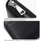 Mini genuine leather zipper card bag, black textured finish with metal zipper pull