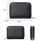 Mini leather card bag with zipper closure, front and side views, black