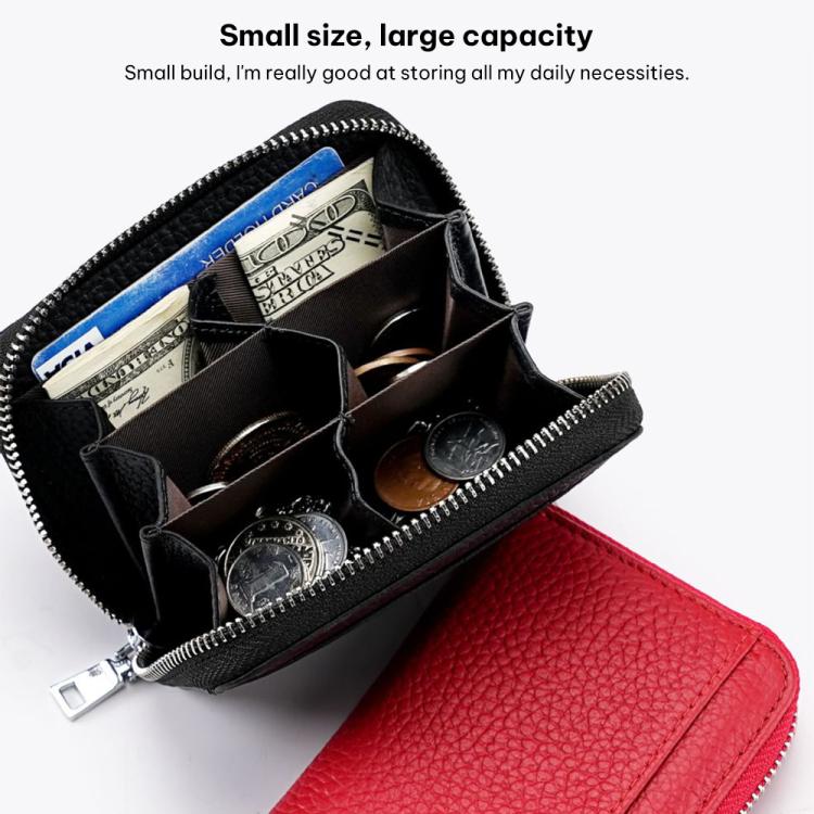Black leather zip card bag interior with compartments, paired with red wallet