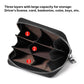 Black leather zip card bag open, with multiple card slots and coin pocket